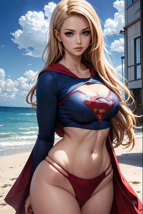 art image of supergirl, busty, beautiful, blonde hair, large breasts, flying in the clouds, blue sky, , by louis royo, boris val...