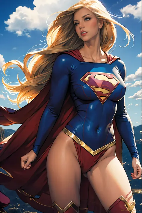 art image of supergirl, busty, beautiful, blonde hair, large breasts, flying in the clouds, blue sky, , by louis royo, boris val...