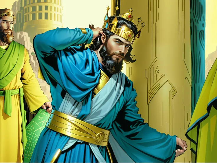 There is a man with a beard and a crown on his head. biblical costumes. Biblical setting. biblical style. Marvel comic book style.