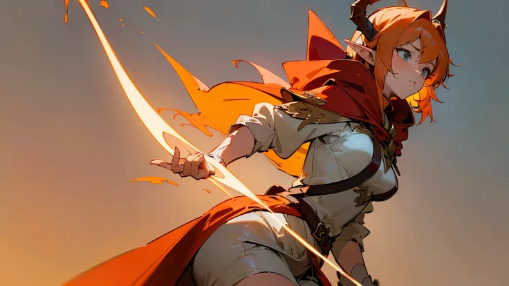 (((Masterpiece))) (((Best Quality))) ((A one tall proud adult elf woman)) with medium breasts ((has crimson and light yellow fantasy adventurers outfit)), ((she has a crimson hood on with pair of gray horns attached to hood.)) Medium orange hair. (Anime st...