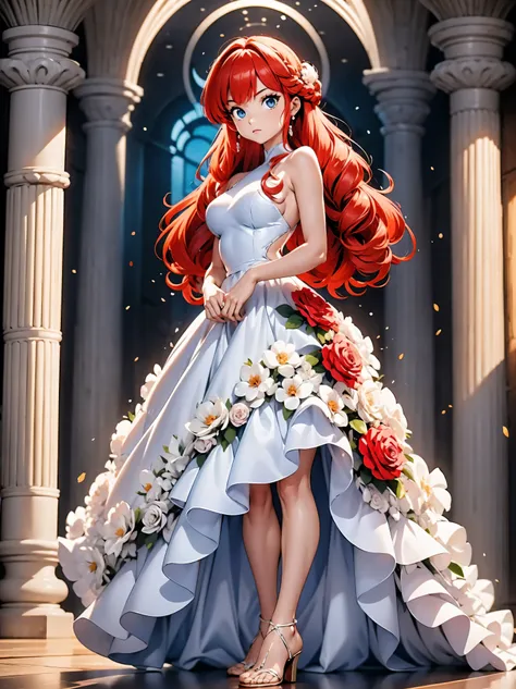 garota anime ruiva com vestido longo branco com desenho de rosas casamento, saia, 16 anos, corpo bonito, seios grandes, with han...