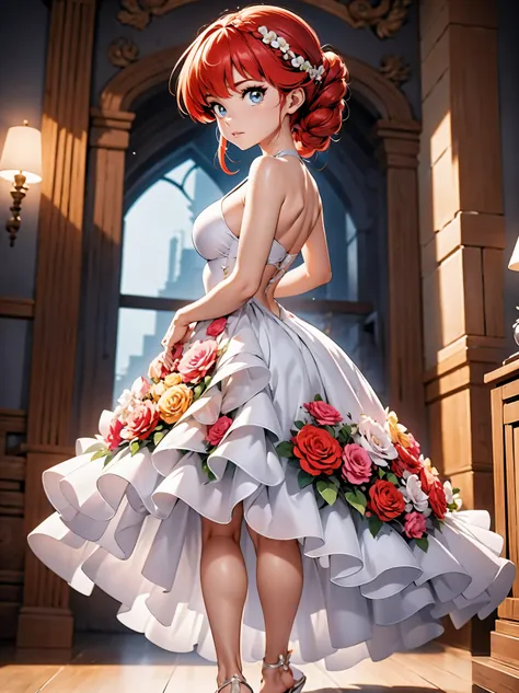 Garota anime ruiva com vestido longo branco com desenho de rosas casamento, saia, 16 anos, corpo bonito, seios grandes, with hands behind head, running your hands through your hair, Garota sexy, red hair with braid , beautiful lighting, sombras suaves, olh...