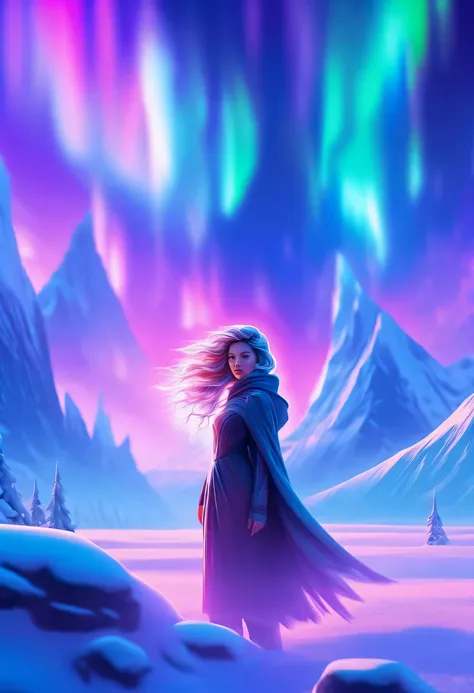 Model shooting style, (extremely detailed 8k cg wallpape),extreme light，1girll，Stand under the iceberg，Admire the beautiful Northern Lights，Personachi Cyberpunk [Snow-capped mountain landscape with fog：Transparent ethereal girl，snow mountains：0.33] Immerse...