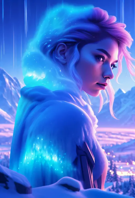 Model shooting style, (extremely detailed 8k cg wallpape),extreme light，1girll，Stand under the iceberg，Admire the beautiful Northern Lights，Personachi Cyberpunk [Snow-capped mountain landscape with fog：Transparent ethereal girl，snow mountains：0.33] Immerse...