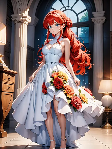 Garota anime ruiva com vestido longo branco com desenho de rosas casamento, saia, 16 anos, corpo bonito, seios grandes, with hands behind head, running your hands through your hair, Garota sexy, red hair with braid , beautiful lighting, sombras suaves, olh...