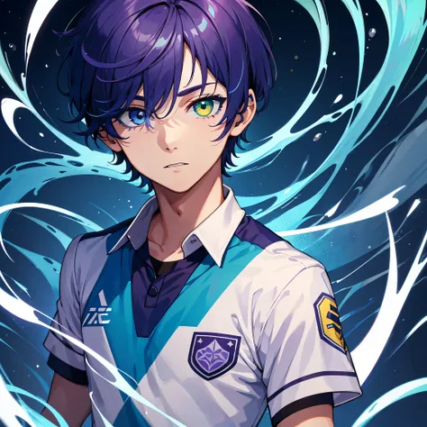 (1boy,masculino,(solo),aquamarine short hair),soccer uniform ,heterochromia , one eye green , one eye purple