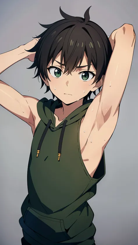 Highres, Masterpiece, Best quality at best,Best Quality,hight quality, hight detailed, Anime style, 1boy, Solo, Messy hair, Shota, Black green hoodie, Body, Sleeveless hoodie, (very small and short stature), (very young boy), (very small and short body), 1...