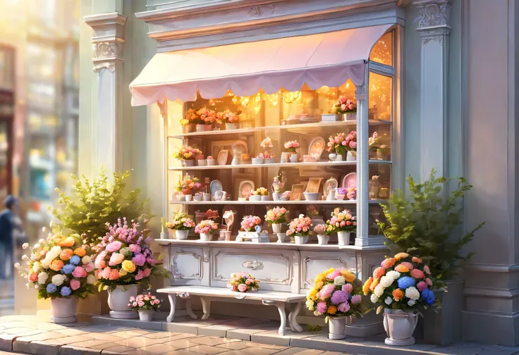 Close-up of display window seen from outside.Flower shop window displays a variety of bright and beautiful flowers.Trinkets.Decorated with tiny shiny LED lights.small factory.pastel colors，(white tone pictures.cold light)（Illustration 8k），（best quality）（in...