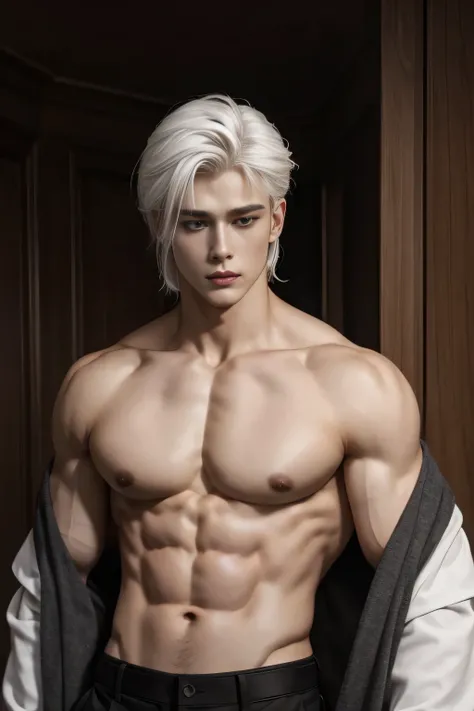 masterpiece, best quality, 20 year old handsome man, shoulder length white hair, chest abs, wearing black