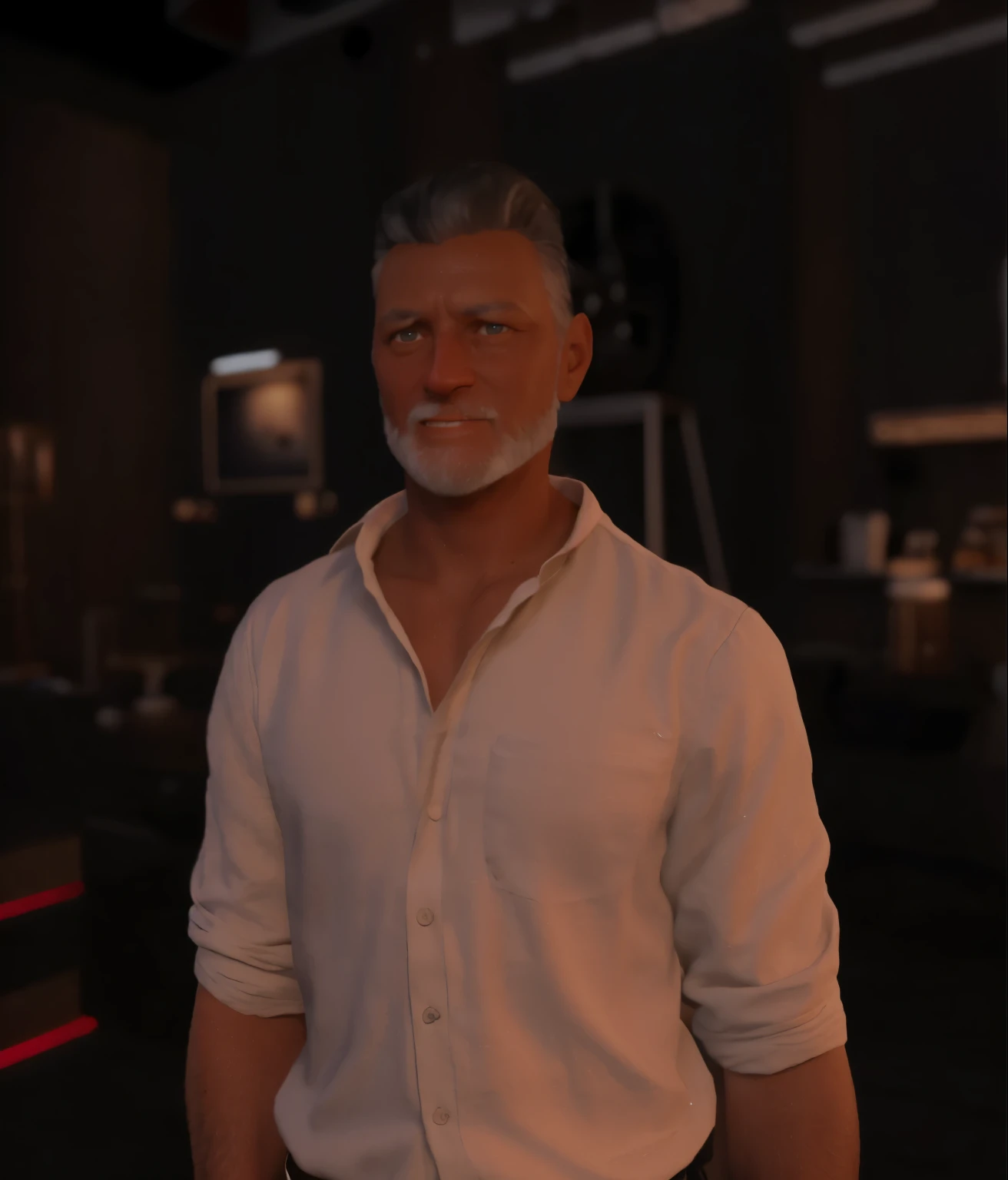 there is a man in his 50s with a beard and a white shirt, detailed unblurred face, creepy uncanny valley, inspired by Daren Bader,  highly detailed, ultra-realistic photorealistic, shot on kodak 400 gold