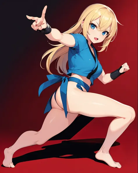 one girl.blonde,blue eyes.kickboxer.Doing a fighting pose