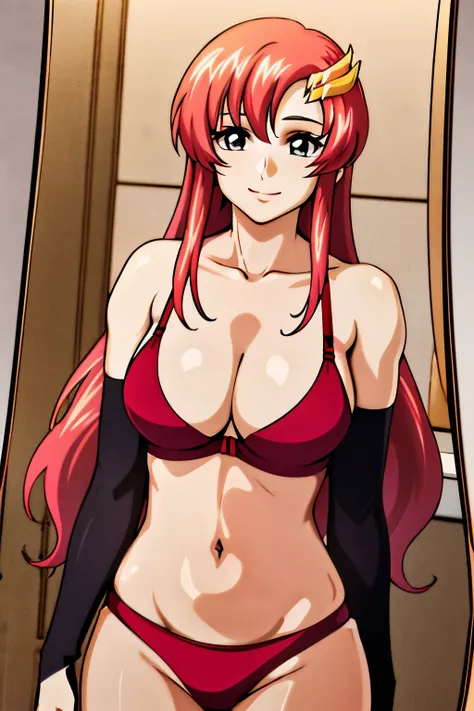 lacus4, (red bikini, arm band, short gloves, masterpiece, looking at herself in mirror, very slim shoulders, 4K, Best Quality, Anime style: 1.9, happy, Adult Woman, (ultra detailed head), (arena, mirror frame), Drawing lines, high resolution, lacus4), 1gir...