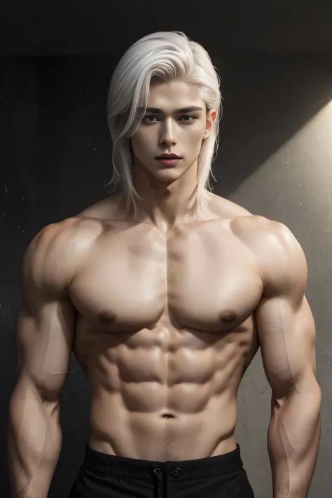 masterpiece, best quality, 20 year old handsome man, shoulder length white hair, chest abs, wearing black, perfect face