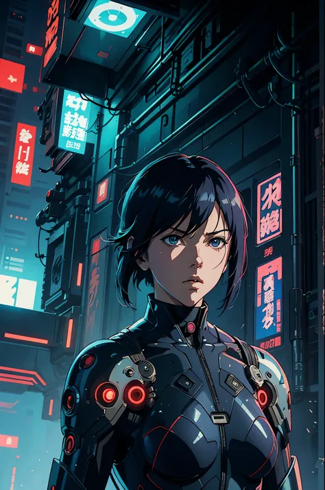 ghost in the shell in the style of 90s vintage anime, robotics, scifi, futuristic, surrealism, akira style, advance suit, detailed line art, fine details, greg rutkowski makoto shinkai kyoto animation key art feminine eye-level shot