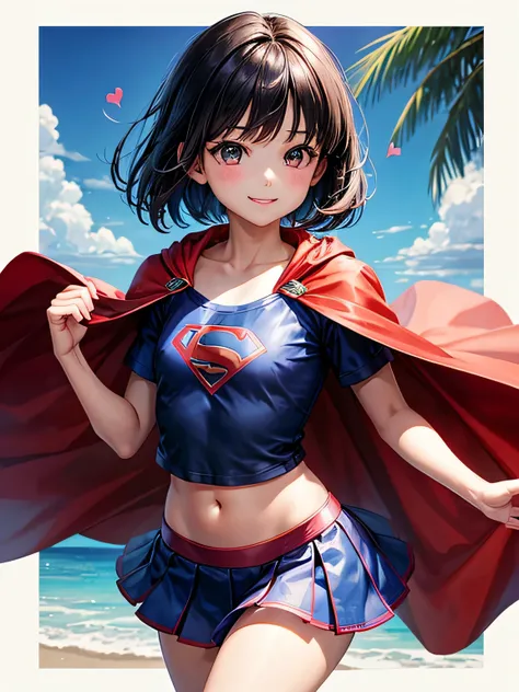 A very elementary school student is wearing Supergirl clotheasterpiece、highest quality、Spreading black hair、bob cut with trimmed ends、(flat chest)、lolicon、blue clothes、red cloak、short sleeve、belly button、many pink hearts、tropical beach、(whole body)、smile