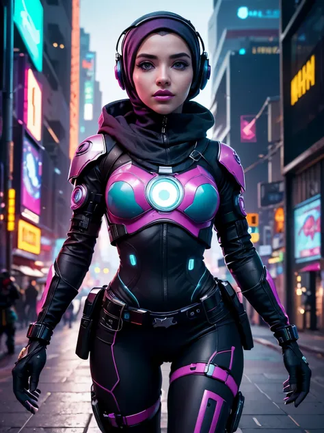 (Photorealistic:1.4) image of a cyber punk girl in hijab, (top-quality, 8K, 32K, masterpiece), (dynamic pose), ((facing camera)), (looking at camera), cowboy shot, shapeless hijab, colorful hijab, colorful cyberpunk clothing, depth of field f/1.8, cyberpun...