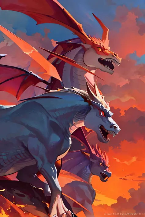 Sky Background:
Begin with a breathtaking backdrop of the sky. With hues of orange, pink, and purple, signify the magnificent sunset. The clouds should appear soft and fluffy, with some having darker shades that outline their edges.

Red Dragon:
Create a c...