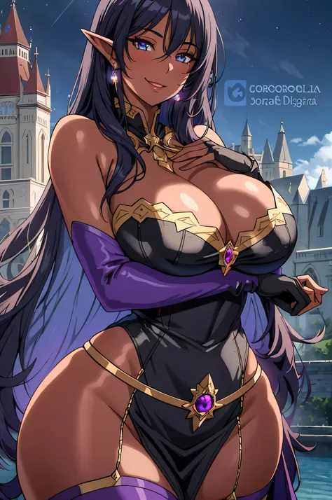 olga discordia, long black hair, long elf ears, dark elf, colored skin, brown skin, hair stick, bangs, blue eyes, solo, smiling, standing, upper body, hips, bare shoulders,purple thighhighs,violet dress, gold jewelry,armor,gloves,circlet, cleavage, red and...