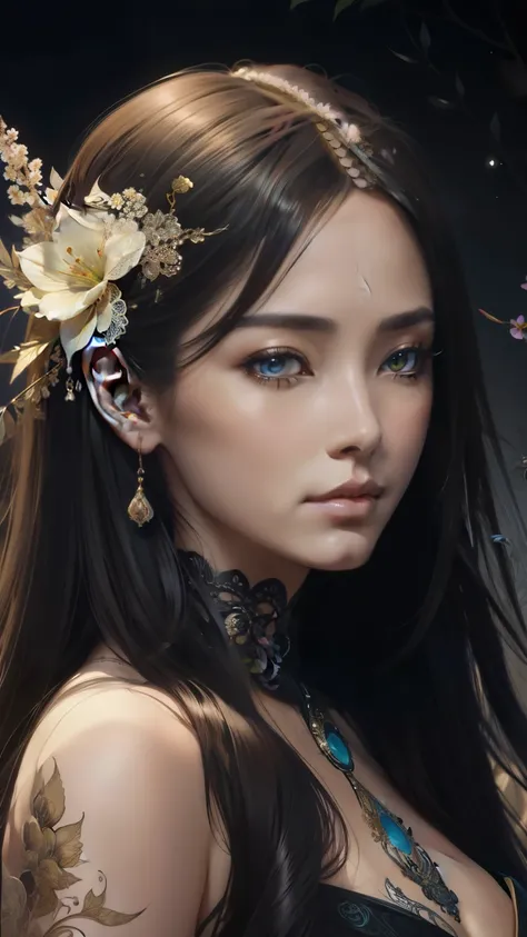 drawing of a woman with long hair and flowers in her hair, Sophisticated Digital Artwork, hajime sorayama aaron horkey, Great digital art with details, intricate detailed digital art, Sophisticated Digital Art, beautiful artwork illustration, Sophisticated...