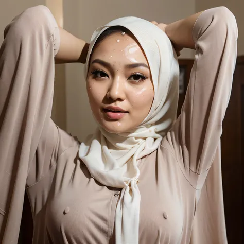 Hijab neelofa raising her hands, sweating and mouth full of cum