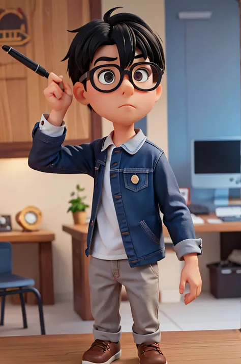 Crie um personagem em alta qualidade, 1 detalhes do menino: wear glasses (redondo), has black hair profession Graphic Designer, Estilo Pixar