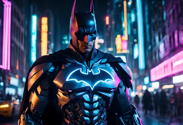 Ultra HD cinema lenses, Batman wearing a complex cyberpunk streamlined luminous platinum science fiction mecha, Cyberpunk theme, A metropolis under colorful lights, strong contrast