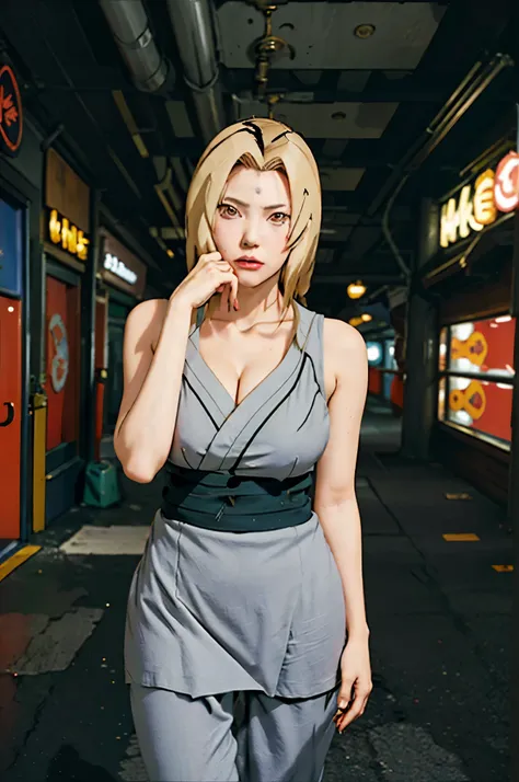 best quality, masterpiece, ultra high res, (photorealistic:1.4), blond woman in a gray dress, black pants, and kungfu shoes stan...