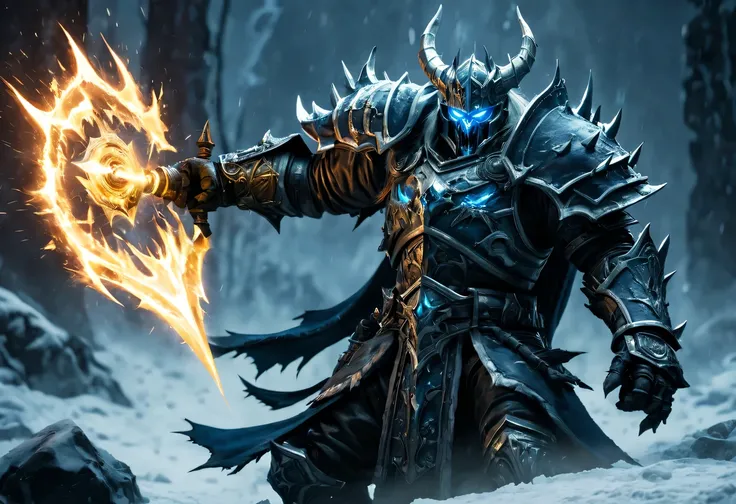 Demon World，lich king，action shots，(Light:1.5),action scene，Action effects，Action atmosphere，Action effects，action shots，action scene，Action effects，Action atmosphere，Action effects