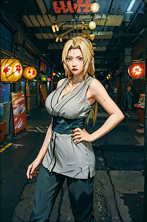 best quality, masterpiece, ultra high res, (photorealistic:1.4), blond woman in a gray dress, black pants, and kungfu shoes stan...