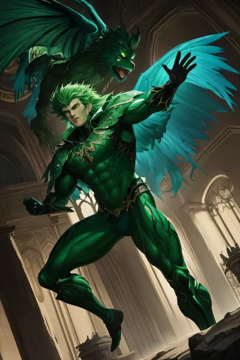 A comic character, clad in a vibrant green suit, dashes through the scene with his hands raised high, creating a dramatic sense of movement and action. This illustration is inspired by the distinctive style of Manticore, with strong contrast and chiaroscur...