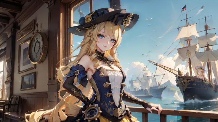 Stable Diffusion prompt: "NAVIA  on the background ВЫСОКОЕ КАЧЕСТВО Держу зонтик. girls have beautifully detailed eyes and a kind smile on their face.., sunny day , ON A SHIP IN STEAMPUNK STYLE , beige background , 
