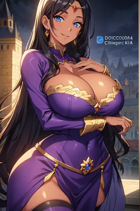 olga discordia, long black hair, colored skin, brown skin, hair stick, bangs, blue eyes, solo, smiling, standing, upper body, hips, bare shoulders,purple thighhighs,violet dress, gold jewelry,armor,gloves,circlet, cleavage, red and gold royal castle, gigan...