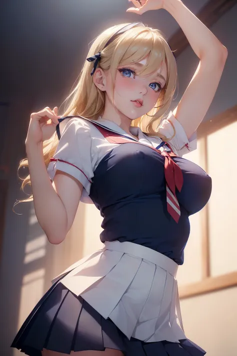 (masterpiece, best quality, cinematic, photorealistic, ultra-detailed), (1girl, japanese student), thicc, (medium shot, from below:1.5), (smart-looking girl wearing white short-sleeved blouse with a sailor-style collar and a ribbon tie:1.4), (navy blue ple...