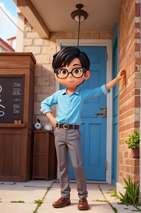 Crie um personagem em alta qualidade, 1 detalhes do menino: wear glasses (redondo), has black hair profession Graphic Designer, Estilo Pixar