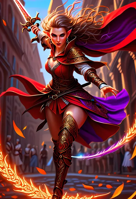 a picture of a female elf (intense details, masterpiece, best quality: 1.5) fantasy swashbuckler, fantasy fencer, armed with a s...