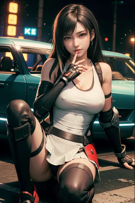 (8k, best quality, masterpiece:1.2), （whole bodyesbian：1.2），(actual, photorealistic:1.37), Super detailed, 1 girl,Lovely, alone, (Tifa Lockhart), (huge breasts),(美丽细致的Eye), (Smile:1.2), (Keep your mouth shut), posture, Dance, neon lights, city View, depth ...