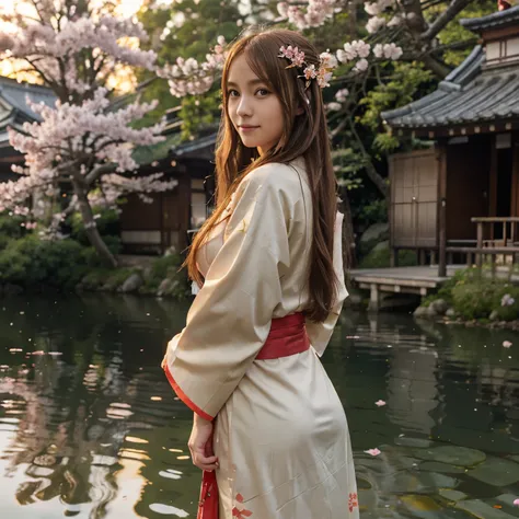 asuna, masterpiece, best quality, detailed, (1girl), solo, detailed golden eyes, long hair, standing, close to viewer, (detailed kimono), light smile, medium breasts,  (arms behind back), water, sunset, (hair ornament), (Sakura bloom),  snow mountain lake ...