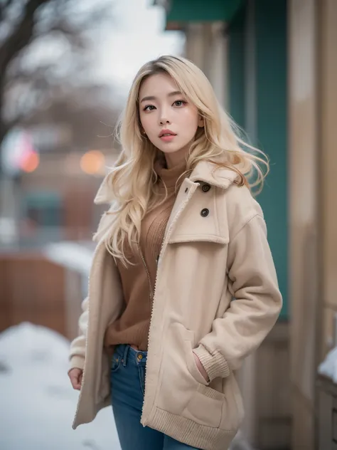 (best quality),(realistic),(masterpiece),(realistic lightning), (HDR), 16K, a one beautiful asian girl, ((blond long hair)), lovely face, perfect eyes, big breasts, ((in a beige coat, a pink cardigan,a jeans)), (Japanese winter background: 1.25), detailed ...