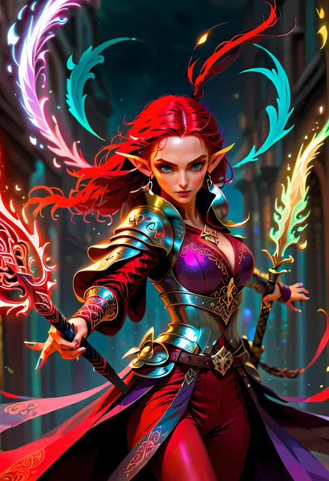 a picture of a female elf (intense details, Masterpiece, best quality: 1.5) fantasy swashbuckler, fantasy fencer, armed with a slim sword, shinning sword, metallic shine, colorful clothes, dynamic clothing, an ultra wide shot, full body (intense details, M...