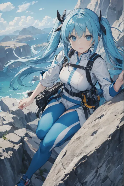 A beautiful 25-year-old woman desperately climbing the rock face of a steep mountain., light blue long hair、twin tails、climber costume、camera from above. anime style, very detailed.