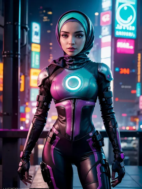 (Photorealistic:1.4) image of a cyber punk girl in hijab, (top-quality, 8K, 32K, masterpiece), (dynamic pose), ((facing camera)), (looking at camera), cowboy shot, shapeless hijab, colorful hijab, colorful cyberpunk clothing, depth of field f/1.8, cyberpun...