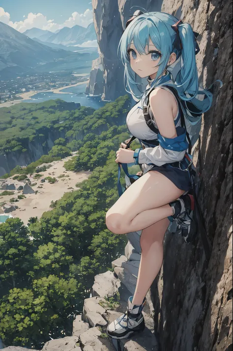 A beautiful 25-year-old woman desperately climbing the rock face of a steep mountain., light blue long hair、twin tails、climber costume、camera from above. anime style, very detailed.