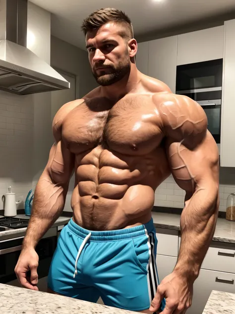 a large, riesiger, massiger, Muscular gay hunk in blue cycling shorts with white stripes on the side, Shirtless stands in a bright kitchen and pours a glass of water on himself, pours water on his upper body, er ist total verschwitzt, he is out of breath, ...