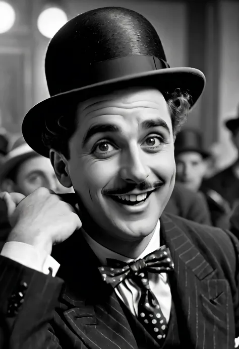 best quality,4k,8k,high resolution,masterpiece:1.2,Super detailed,actual:1.37,Charlie Chaplin comedy,brisk,black and white,retro,High quality,vignette,Detailed facial expressions,classic silent movies,slapstick comedy,physical comedy,Fun action,expressive ...