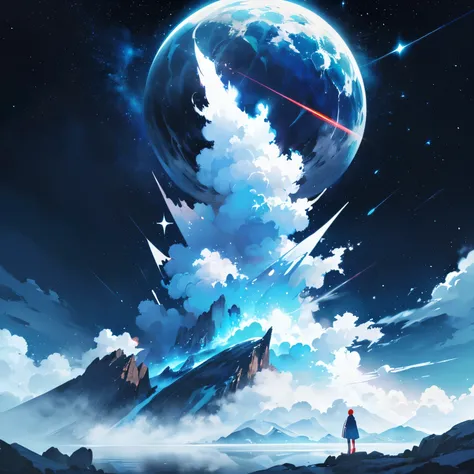 ((forest and mountain and starry sky with trip shape cloud)), space elevator, civilization, hi - tech building, Sci - fi movie, (high contrast), (vector artwork), 2D flash game, (clean color), (clear boundaries), (bright colororning or dusk sky), (explicit...