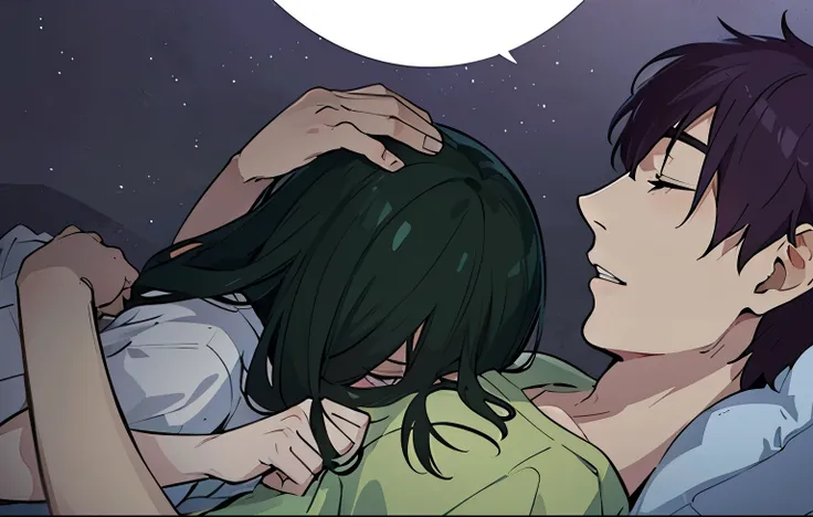 a cartoon image of a man and a woman kissing in bed, color manga panel, color manga panel, floating |, digitally colored, manhwa, color manga scan, explorable image, color display, close-up photo, illustration colorful, color illustration, he holds her whi...