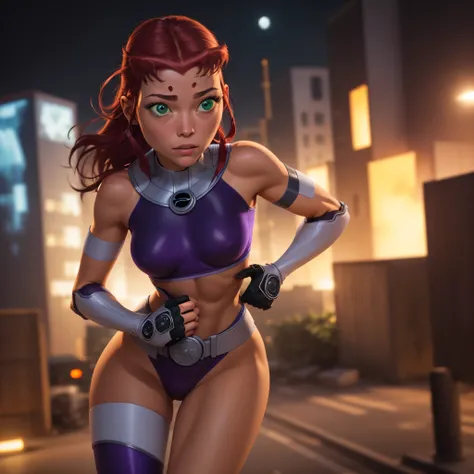 Starfire-Teen Titans, orange skin, solo, red hair, gloves, 1girl, action shot, girl focus, boots, belt, abs, skin tight, hands on hips, realistic, superhero, spandex, (bodysuit), green eyes, detailed eyes, city, night, moon, ultra realistic,32k,RAW photo,(...