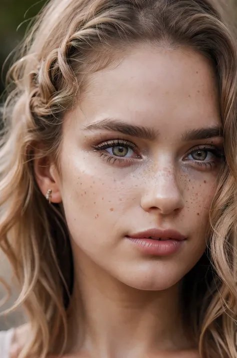 beautiful detailed eyes,beautiful detailed lips,extremely detailed eyes and face,longeyelashes,shoulder, half body,freckles on her cheeks,autumn lights,blond curly hair,pastel colors, (best quality,4k,8k,highres,masterpiece:1.2),ultra-detailed,(realistic,p...