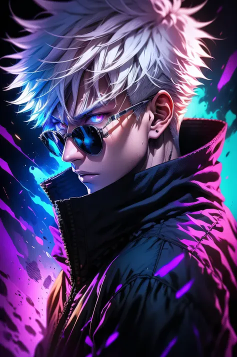 a man with white hair and a purple jacket holding a cell phone, cyberpunk art inspired by munakata shikō, tumblr, digital art, u...