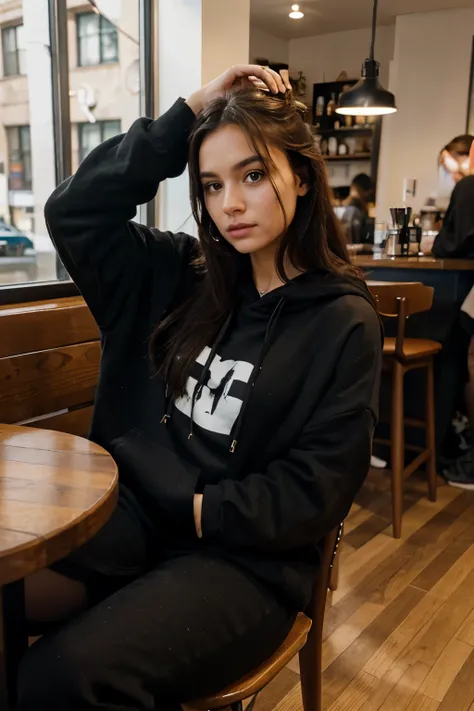 realistic portrait of a beautiful girl sitting alone in a coffee shop, wearing a all black oversized hoodie, behind a table, fixing her own hair, from 10 meters distance